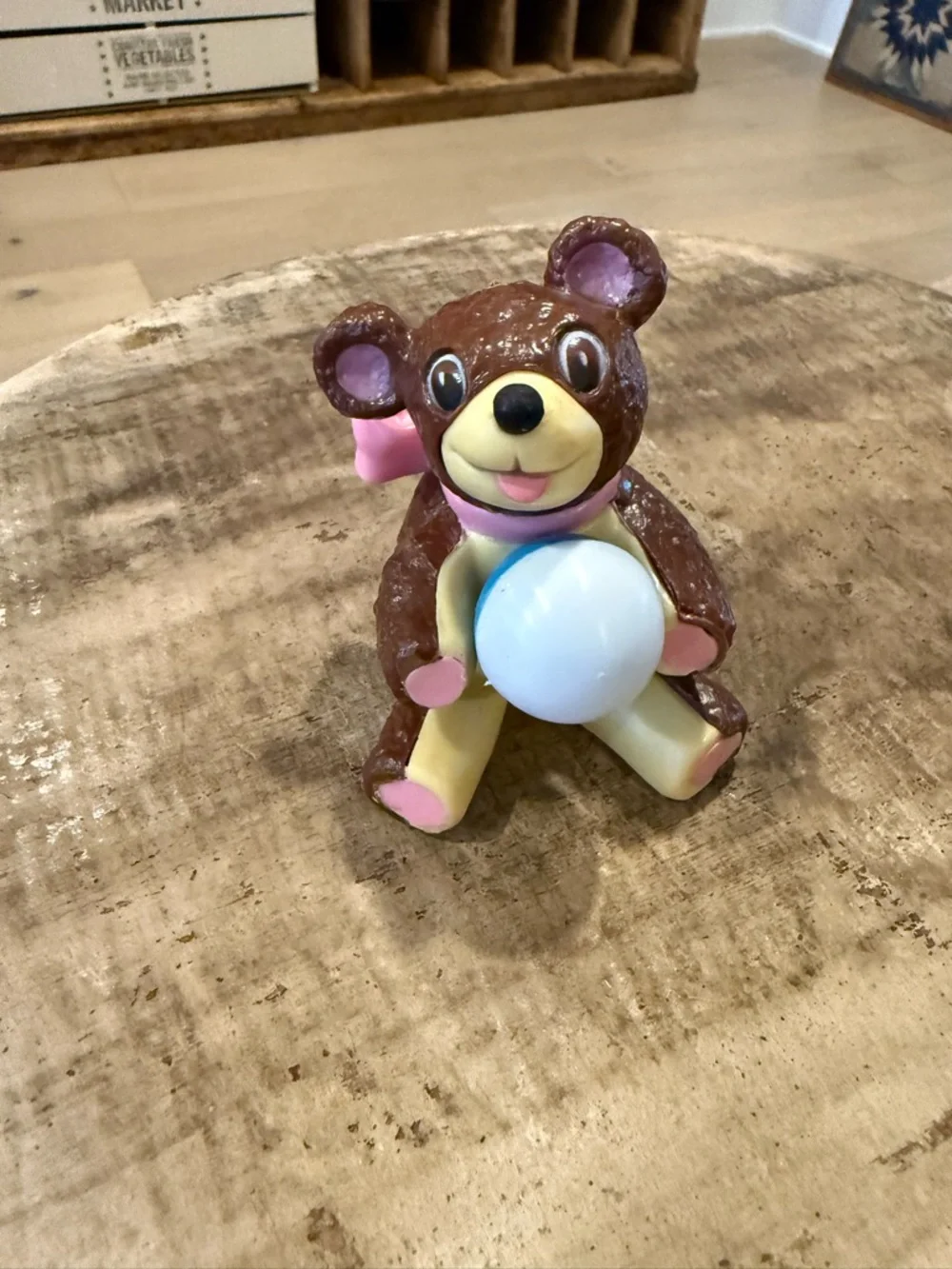 Vintage Brown and Pink Bear Toy Figure with Ball Cake Topper